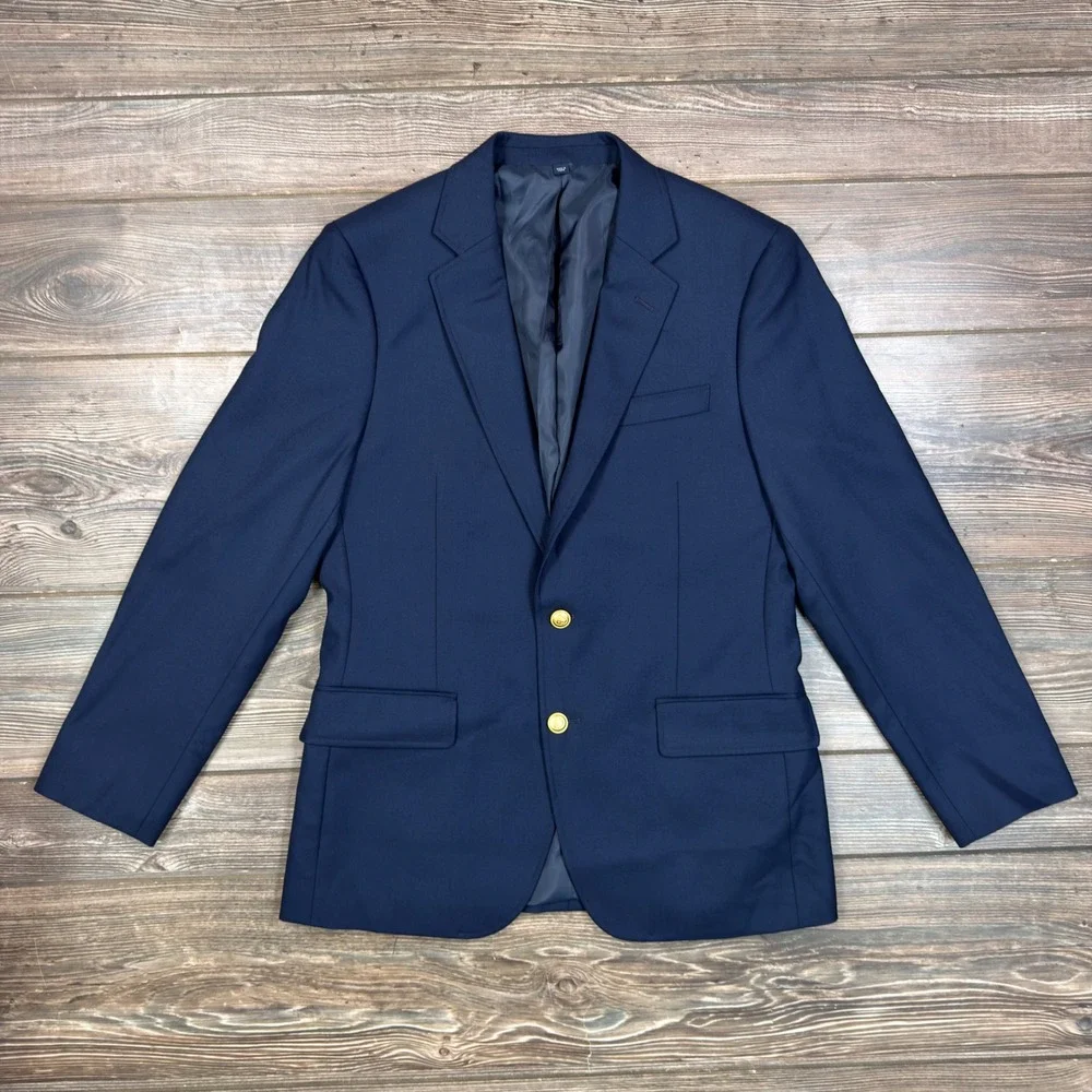 J.Crew Mens Size 38S Thompson University Blazer Navy Blue Gold Button Wool Blend